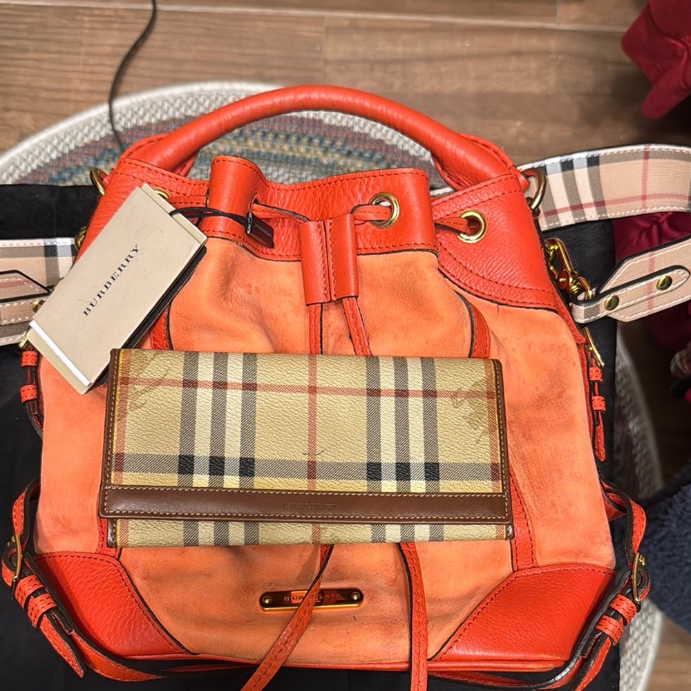 Burberry Orange Leather Bucket Bag and Wallet combo